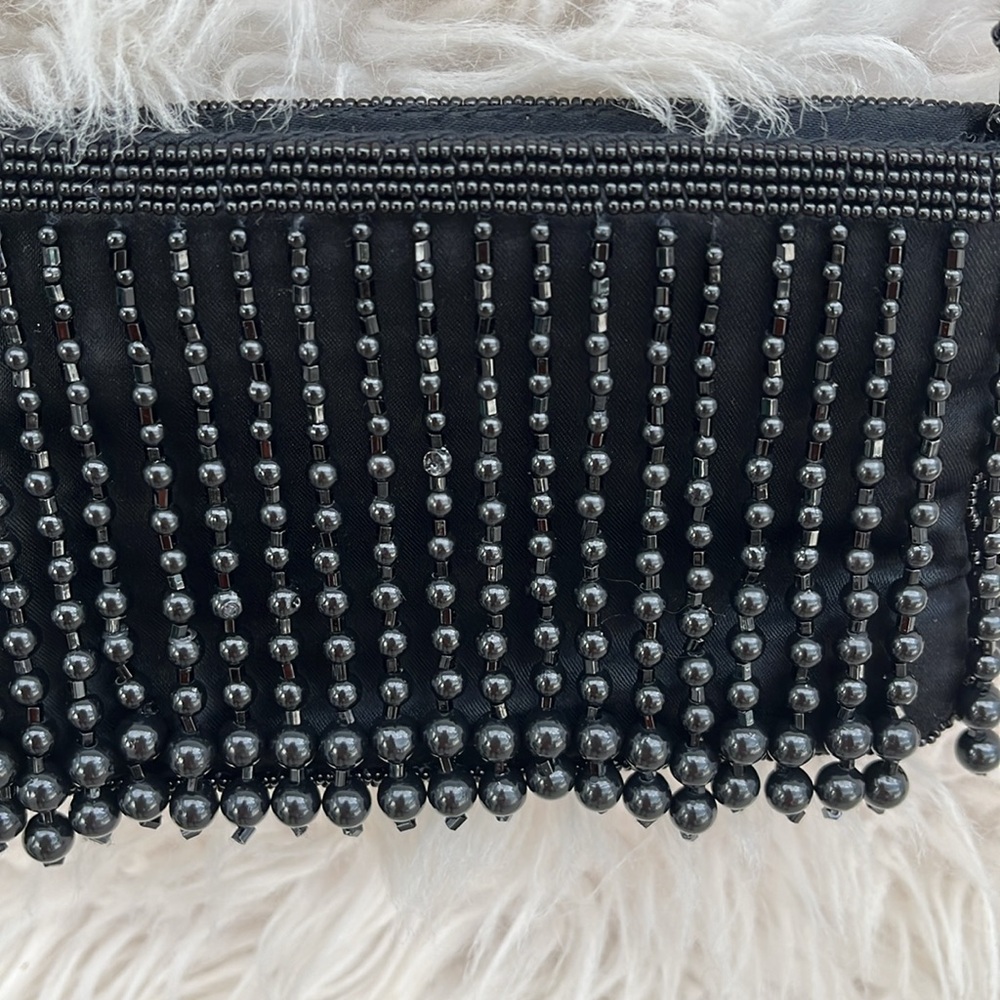 LA REGALE  Vintage Satin Pouch w/ Droplet Beaded Evening Crossbody Purse, Black - Picture 3 of 15